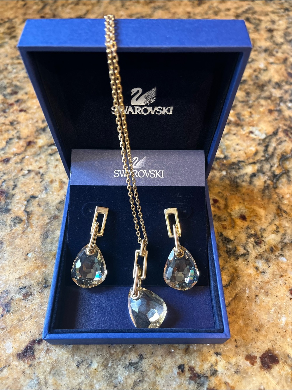 Swarovski Gold-Tone Teardrop Clear Crystal Necklace and Earrings